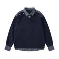 Polo Collar Sweatshirt with Dark Blue Plaid Stitching