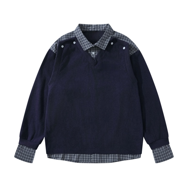 Polo Collar Sweatshirt with Dark Blue Plaid Stitching