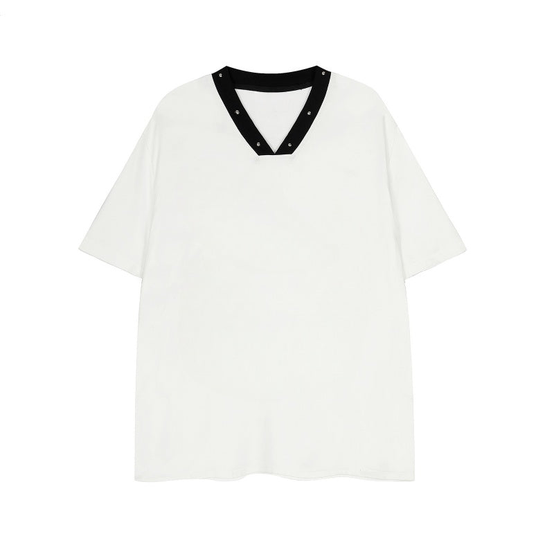 Contrast Color V-Neck Beaded T-Shirt