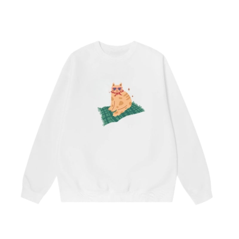 Cat-Print Light Street Sweatshirt – White